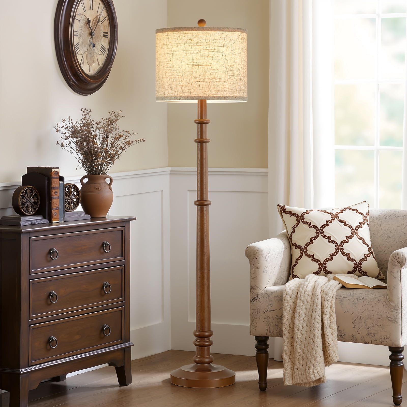 NATYSWAN Floor Lamps for Living Room - 60" Wood Farmhouse Floor Lamp with Adjustable Color Temperatures - Vintage Standing Lamp Reading Light with Linen Shade Rustic Tall Lamp for Bedroom