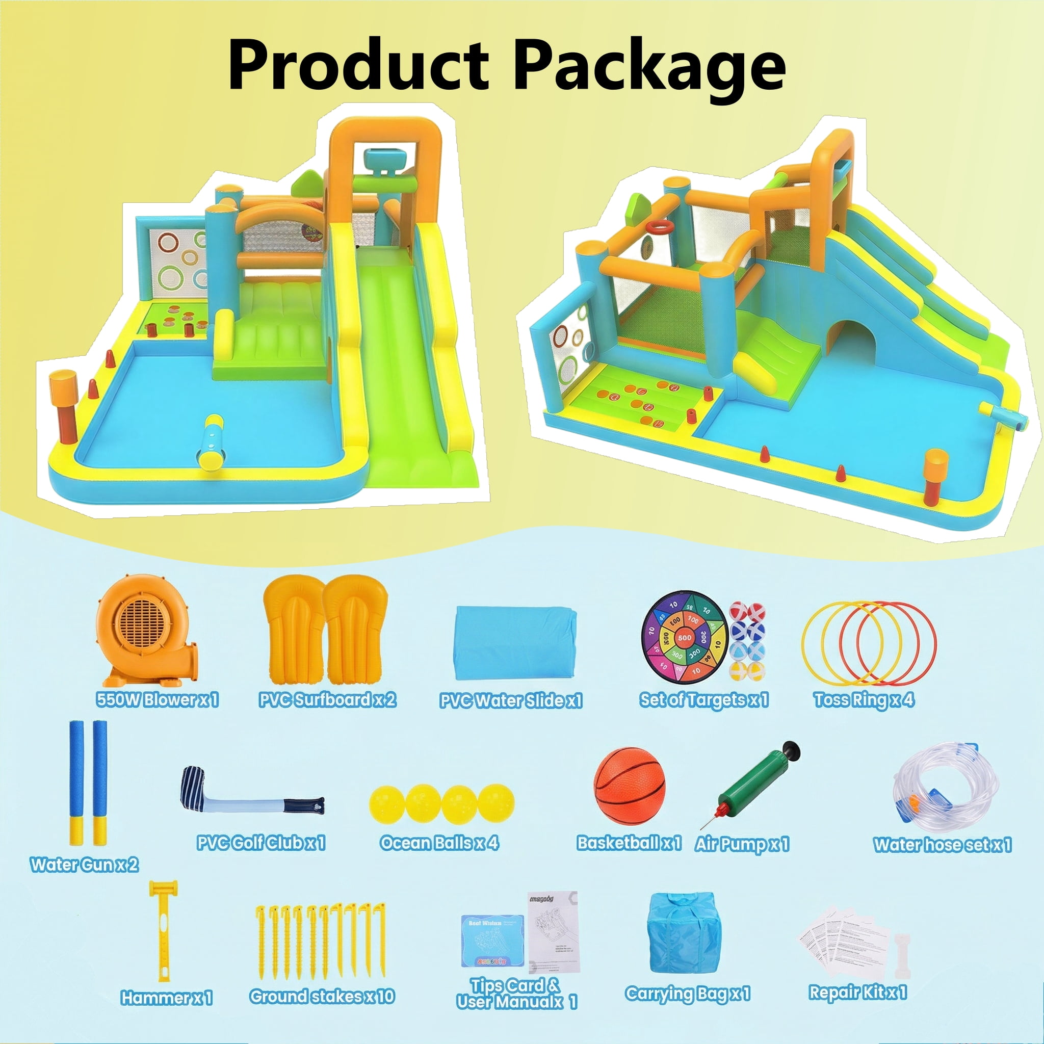 Adnoom 17-in-1 Inflatable Water Slide Bounce House for Kids 3-12, 16x11ft Large Golf Water Park with 16ft Detachable Slide, Splash Pool, Tunnel, Climbing, Jumper Castle Backyard w/550W Blower