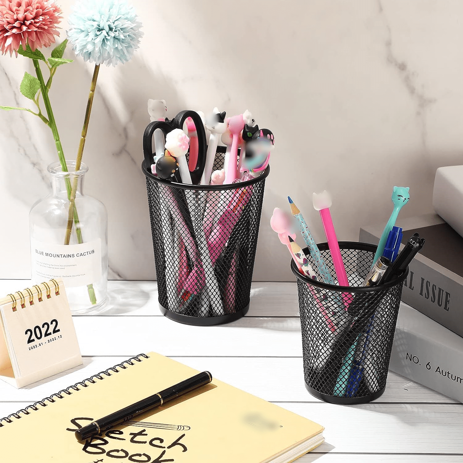 Pen Holder Mesh Pencil Holder, 12 PackMetal Pen Holder Large Pencil Holder,Premium Mesh Metal Pencil Holder for Desk Office Pen Organizer, Black