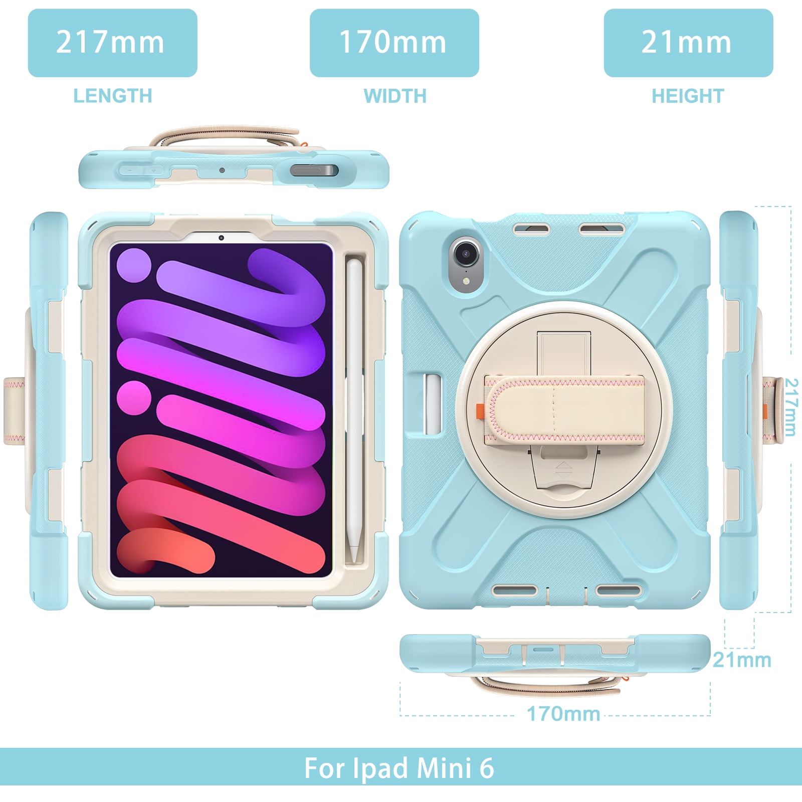 Portable Rugged Case for 2021 Apple iPad Mini 8.3" (6th Generation 2021 Release) - Rotating Stand Case with Adjustable Hand/Shoulder Strap, Built-in Pencil Holder, Shockproof Hard Cover (Light Blue)
