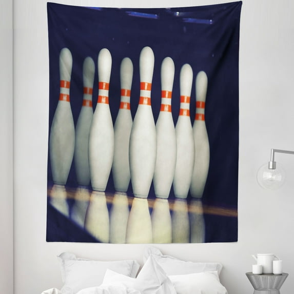 Bowling Party Tapestry, Classical Pins on Alley Competition Pursuit Leisure Time Theme Print, Fabric Wall Hanging Decor for Bedroom Living Room Dorm, 5 Sizes, Dark Blue White Red, by Ambesonne
