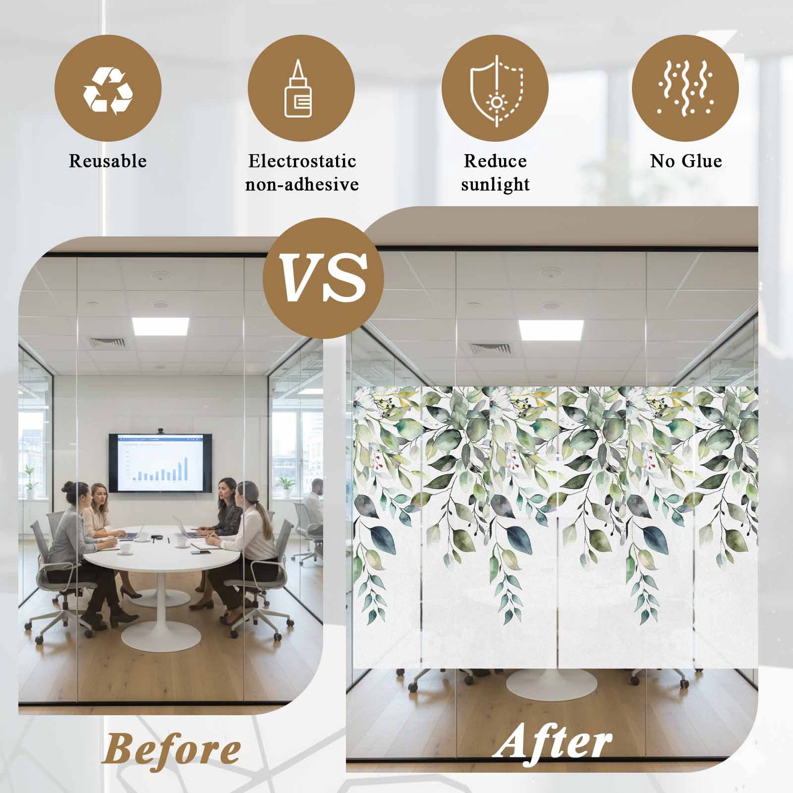 Eucalyptus Leaves Window Privacy Film, Watercolor Weeping Teal Botanical Static Cling UV Sun Blocking Tint Film Heat Control Windows Films for Bedroom Bathroom, Window Stickers 23.6"x59"