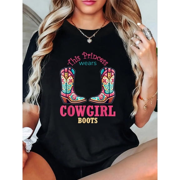 100% Cotton Princess Cowgirl Wears Western Cowboy Boots Farm Girls T-Shirt Print Round Neck Cotton T-Shirt, Summer Women's Tops, gift