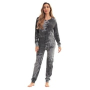 #followme Women's Thermal Henley Bodysuit - Cozy and Comfortable Winter Sleepwear and Loungewear Union Suit (Tie Dye Black White, Large)