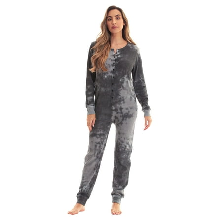 #followme Women's Thermal Henley Bodysuit - Cozy and Comfortable Winter Sleepwear and Loungewear Union Suit (Tie Dye Black White, X-Small)