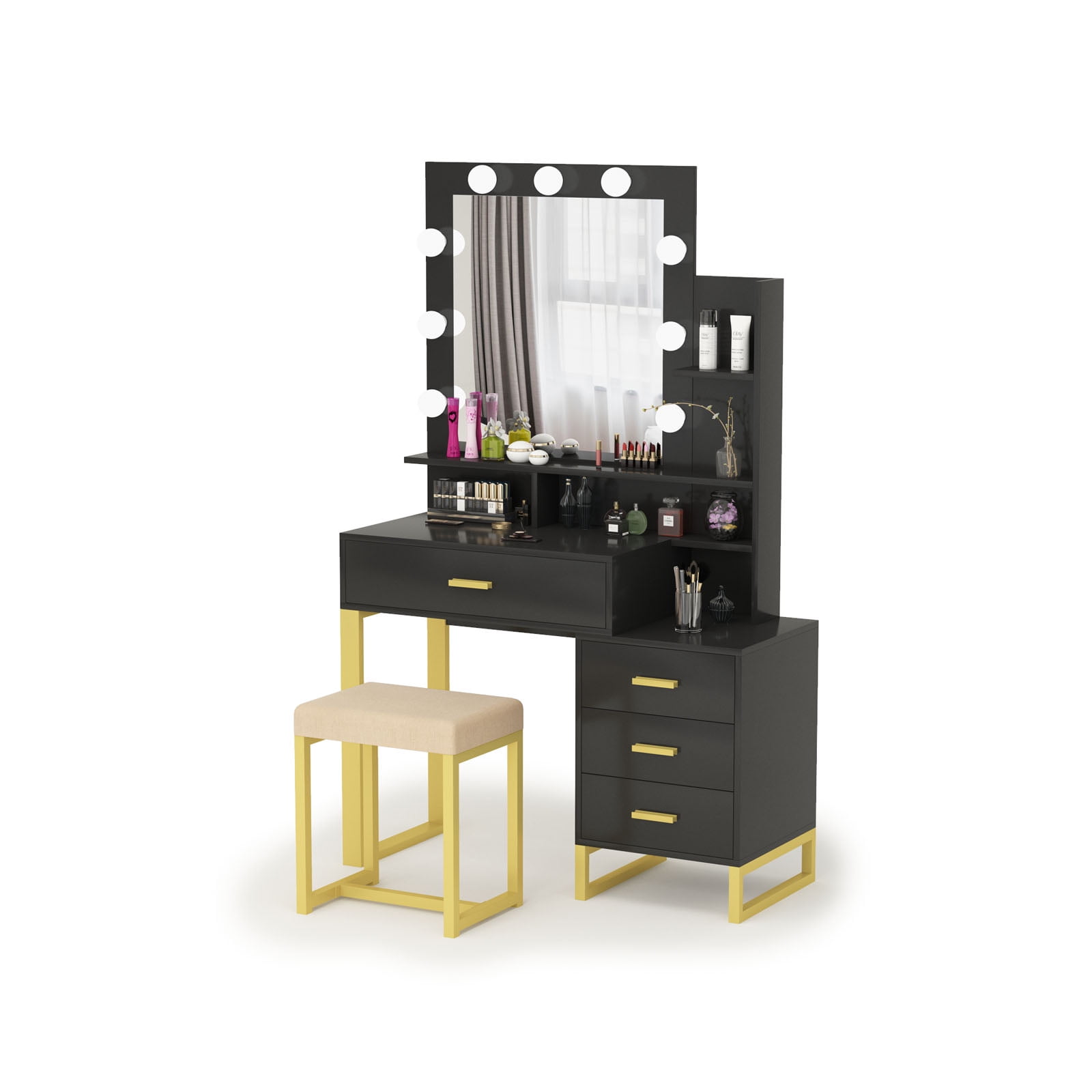 Karl home Vanity Set Makeup Vanity Table with LED Lights Lighted Vanity  Table with Open Shelves, Drawers, Cushioned Stool, Black & Gold – Built to  Order, Made in USA, Custom Furniture –