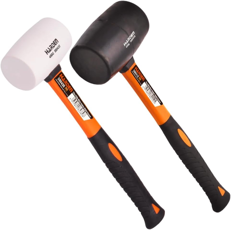 RGHJAR-Rubber Mallet Hammer 2 Pack, 16oz Mallet Hammer Set with Black and White Heads, Fiberglass Handle and Non Slip Grip, Professional Rubber Mallet for Tile, Flooring and Construction