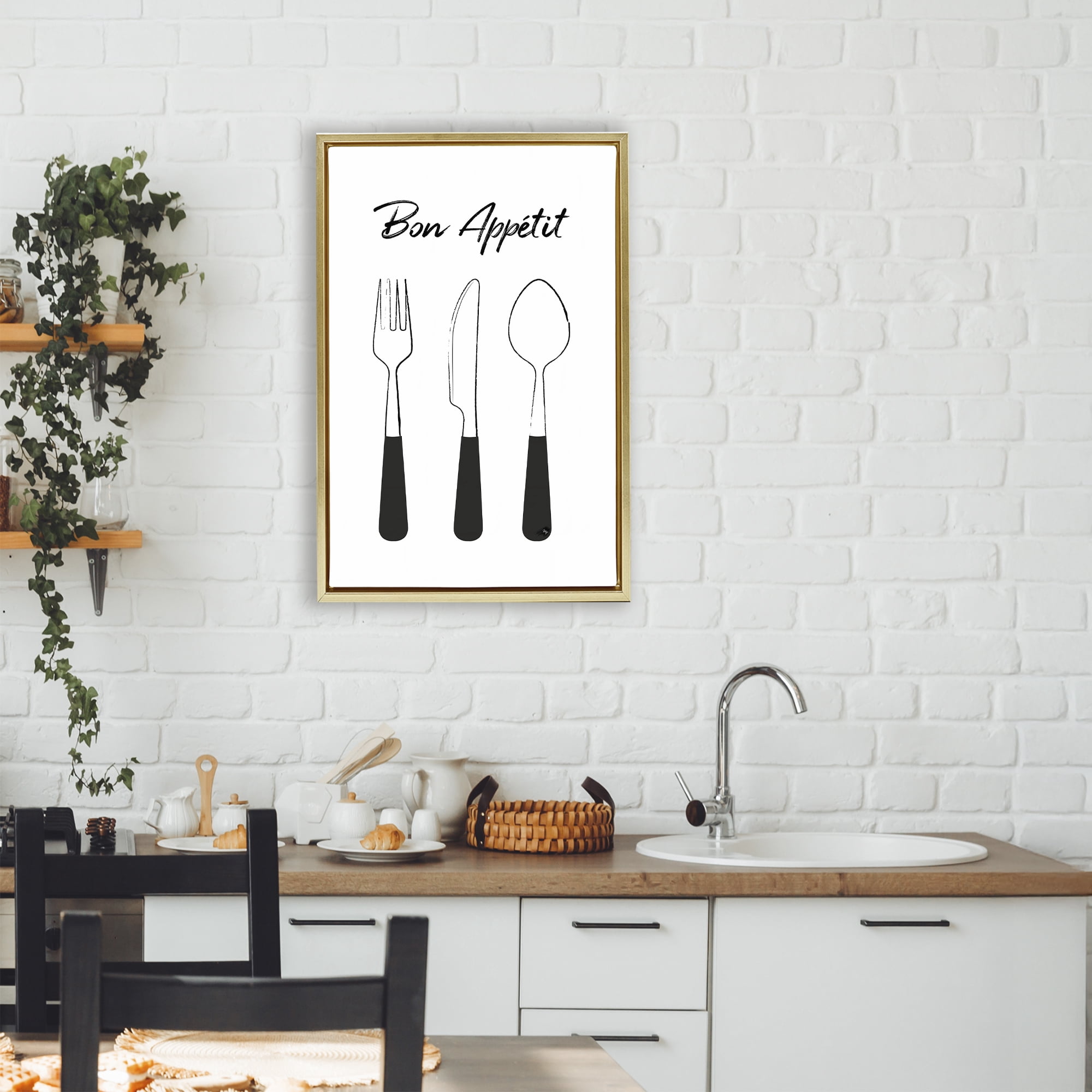 Stupell Industries Bon Appetit Fork Knife Spoon Gold Framed Floater Canvas Wall Art, design by Martina Pavlova
