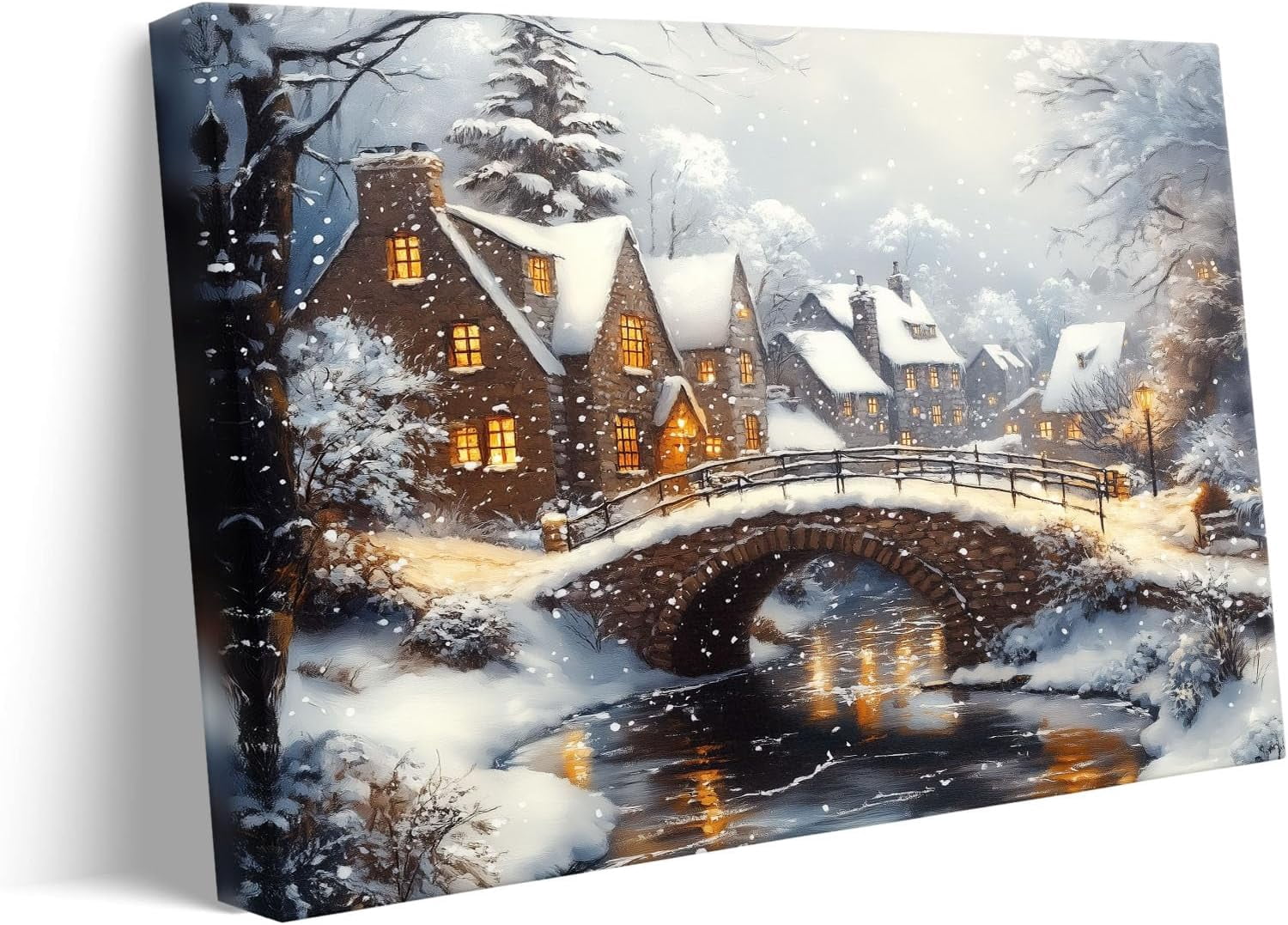 ChristmasCanvas Wall Art Decor with Nighttime Houses, Lights and Snowflakes, Festive Canvas Print for Room, Christmas-Themed Wall Décor for Celebration, Christmas Night Scene Wall Art, 20X24inch