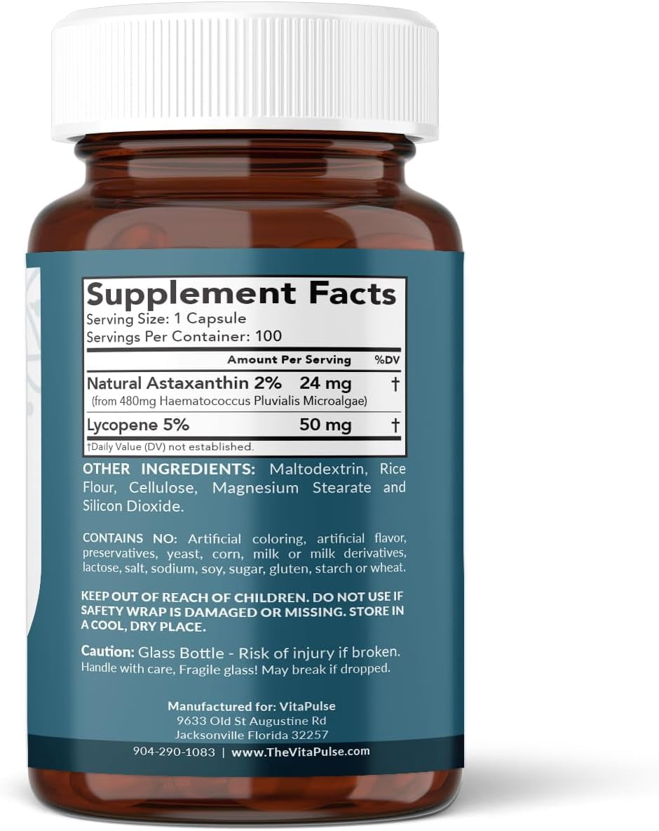 Astaxanthin 24mg with Lycopene 50mg Supplement, 100 Vegetarian Capsules, Non-GMO, Gluten Free