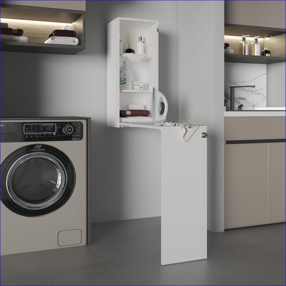 Foldable Ironing Cabinet Table 42” W – Desk, Dining, Kitchen Island with Pull-Down Table & Shelves | White | MDF