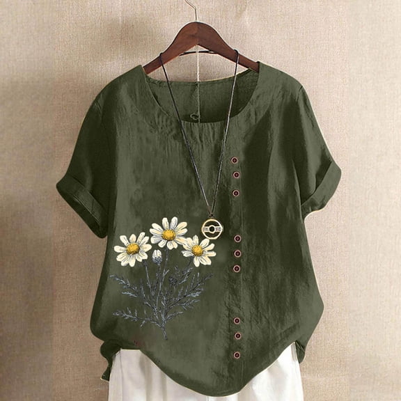 Aueoeo Women's Floral Print Short Sleeve Round Neck Linen-Look T-Shirts with Button Front Casual Tops for Springtime and Summer (S–5Xl),Army Green,L