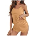 thumbnail image 4 of Usmixi Pajama Set for Women Womens Pajamas Sets Silky Satin Sleepwear 2 Piece Outfits V Neck Sleeveless Camisole Top and Shorts Homewear Set Casual Solid Loungewear Sets, 4 of 5
