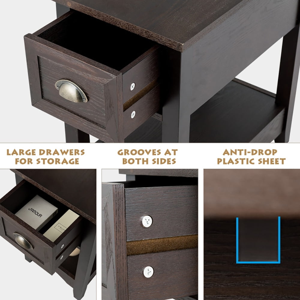 Finihen End Table, 2 Pieces Retro Narrow Tiered End Table with Drawer and Storing Shelf, Sofa Side Table, Bed Side Table, for Living Room, Bedroom, Brown Finihen End Table, 2 Pieces Retro Narrow Tiered End Table with Drawer and Storing Shelf, Sofa Side Table, Bed Side Table, for Living Room, Bedroom, Brown