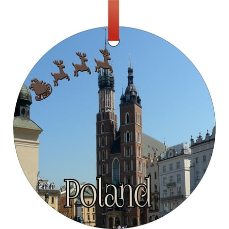 Krakow Christmas Santa Klaus and Sleigh Riding Over Main Market Square Krakow, Poland Round Shaped Flat Semigloss Aluminum Christmas Ornament Tree Decoration - Unique Modern Novelty Tree Décor Favors ()