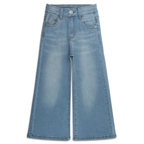 KIDSCOOL Little Big Girls Stretch Wide Leg Jeans Washed Whisker Denim Pants,Light Blue,6-7 Years