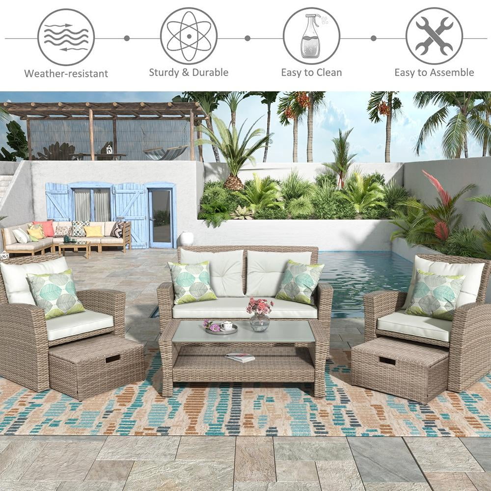 SEGMART 6 Piece Outdoor Patio Furniture Sets, All-Weather Rattan Conversation Set with Ottoman & Cushions, Outdoor Sectional Wicker Set for Backyard, Deck, Poolside, Beige