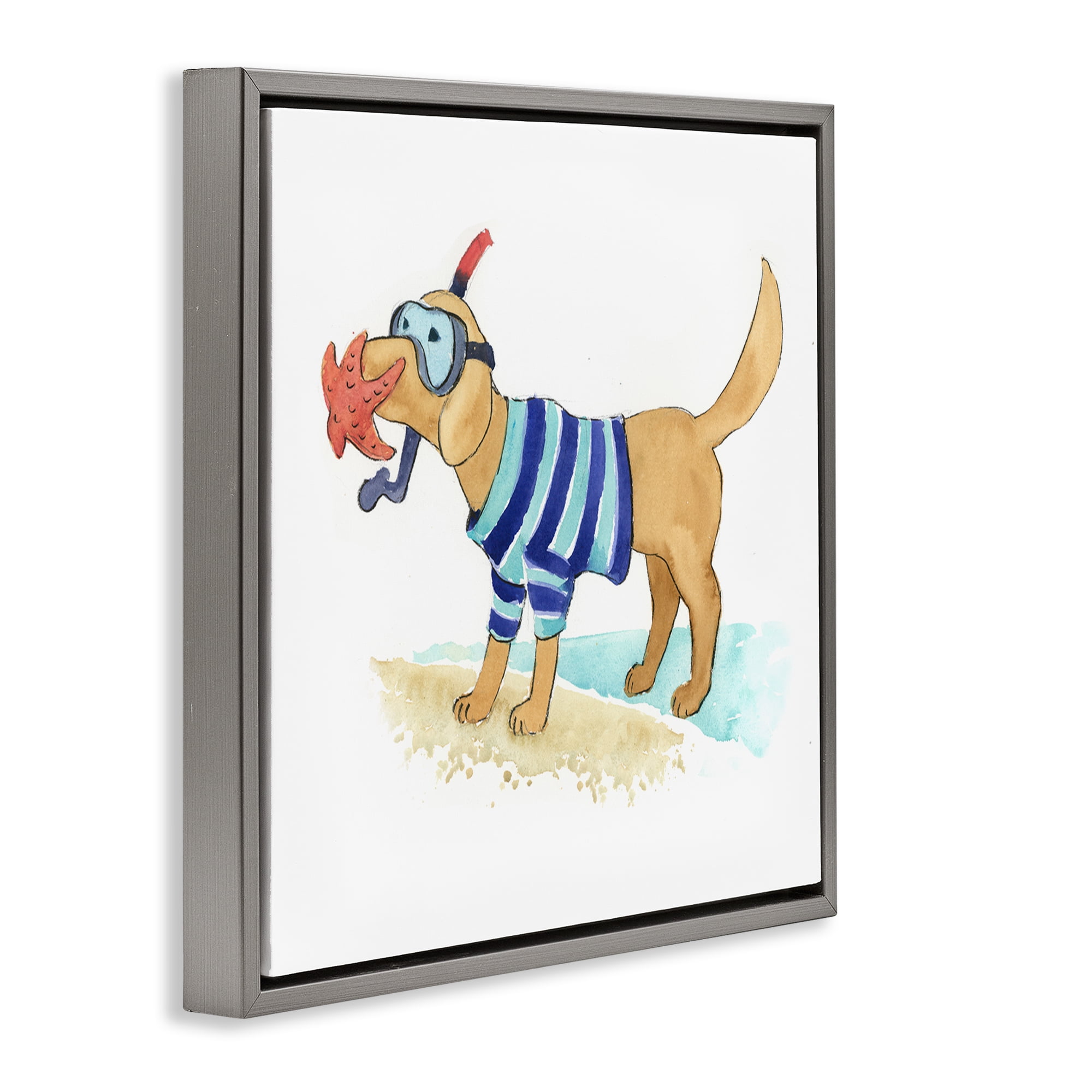 Stupell Industries Sandy Dog with Snorkel Animals Painting Gray Floater Framed Canvas Art Print Wall Art, 18 x 18