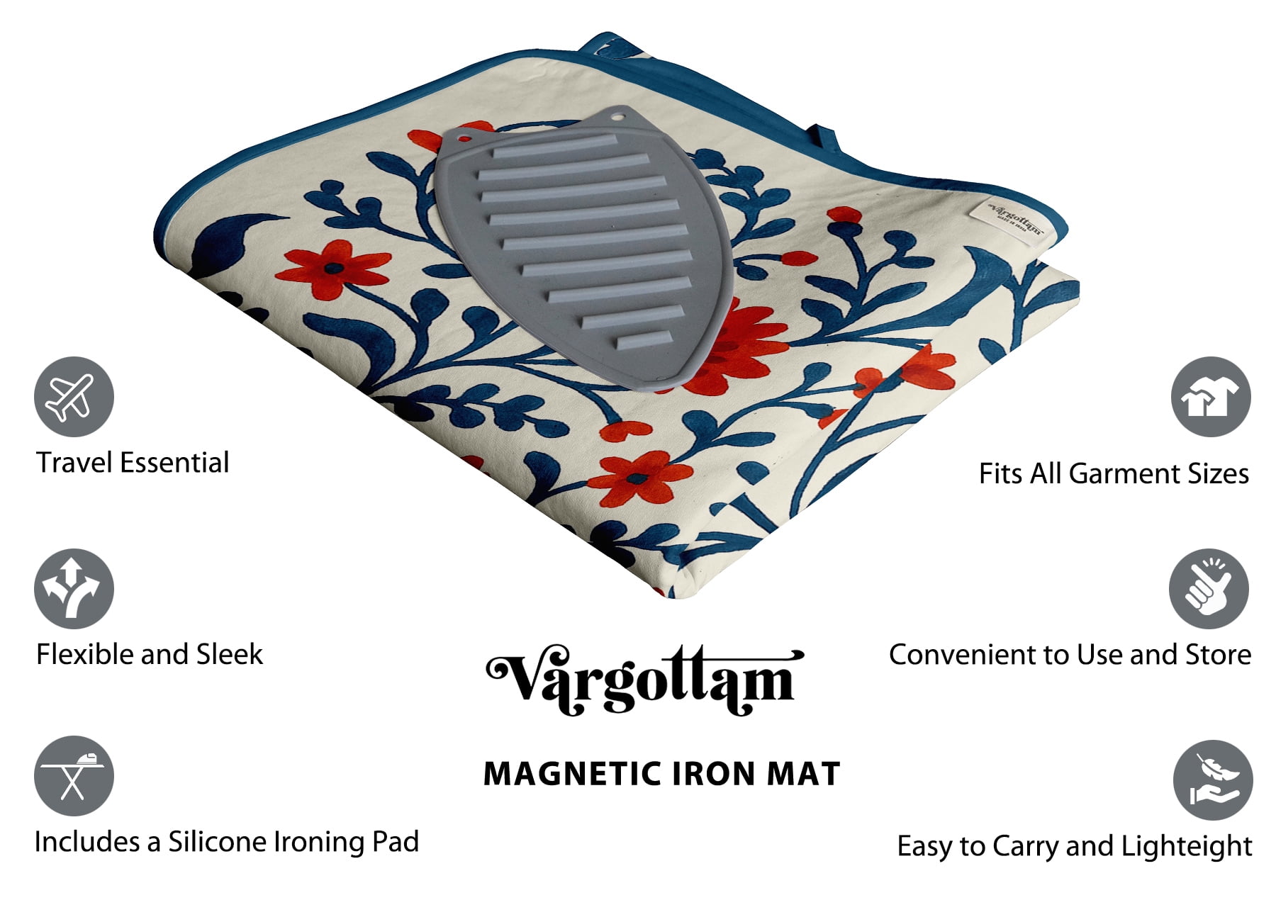 Vargottam Portable Ironing Mat - 28"x48" Foldable Cotton Ironing Pad with Silicone Rest & Magnetic Corners - Travel-Friendly, Space-Saving Iron Board Alternative for Small Homes, Dorms, RVs - Floral