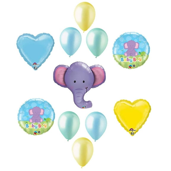 Anagram and Qualatex Elephant Ellie Jungle Safari Zoo Boy Baby Shower Party 11 Piece Mylar & Latex Balloons