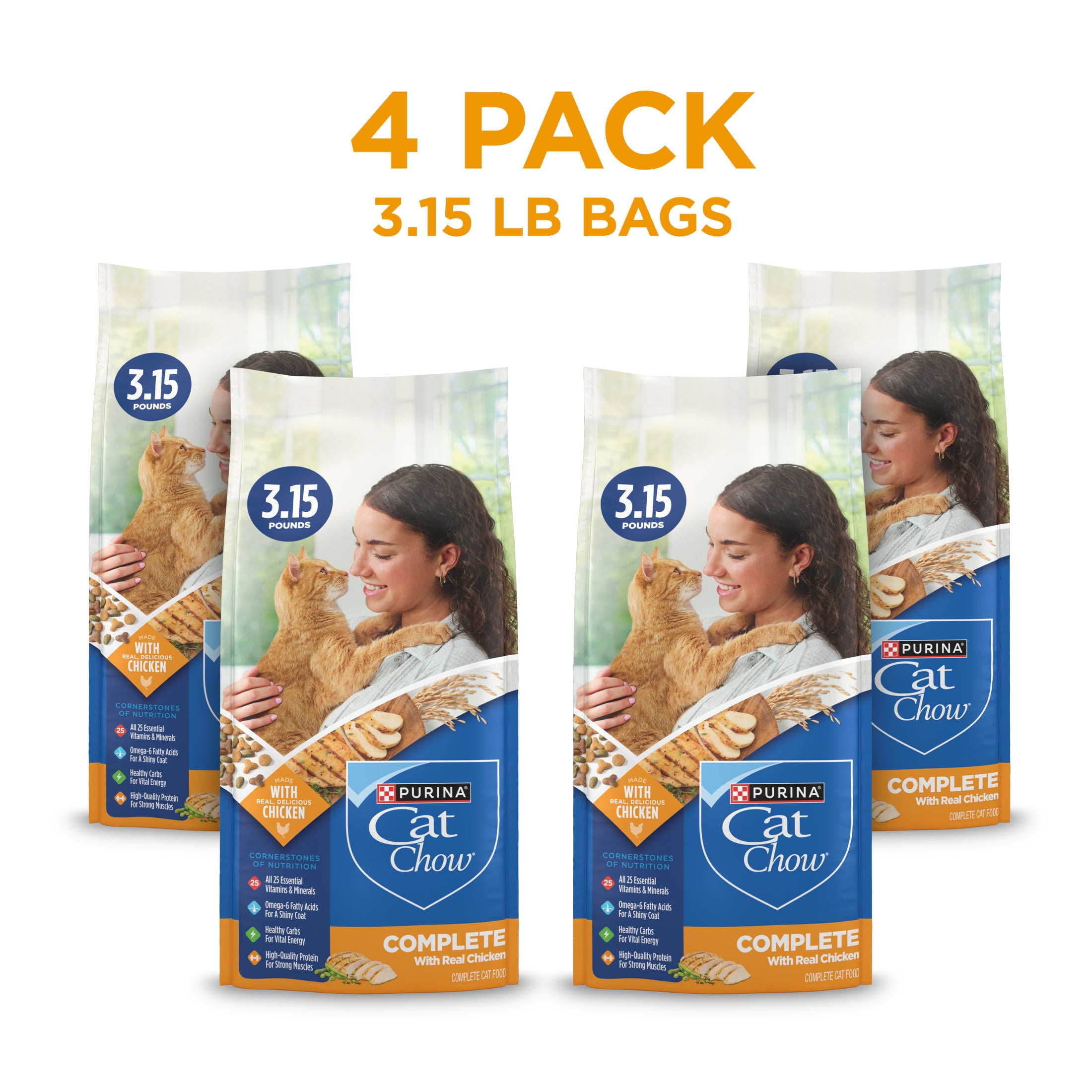 (4 pack) Purina Cat Chow Complete High Protein Dry Cat Food with Real Chicken, 3.15 lb Bag