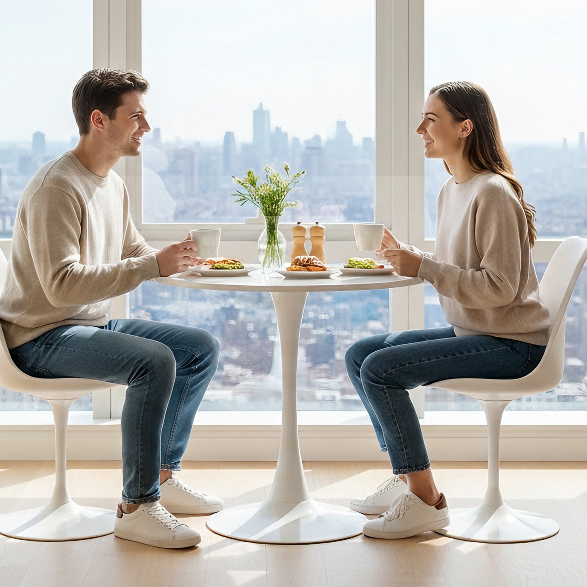 23.6" Round Dining Table with MDF Top & Metal Tulip Pedestal Frame for Kitchen, Living Room, Bedroom, White
