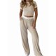 thumbnail image 1 of Conjunto de Pijama de Dos Piezas para Mujer, con Camiseta de Corta y Pantalón de Punto Acanalado. Caqui XL, 1 of 8