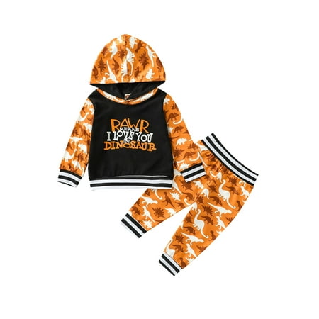 

Yinyinxull Autumn Infant Newborn Baby Boys Outfits Dinosaur Letter Print Long Sleeve Hooded Pullover + Pants Clothes Yellow 18-24 Months