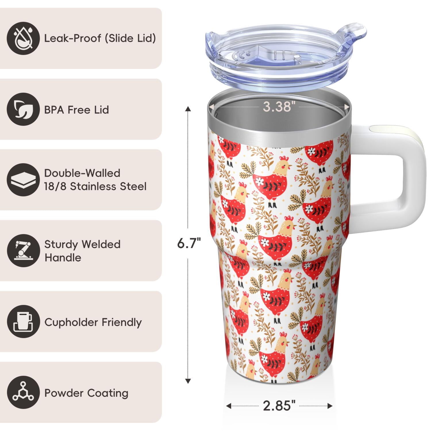 20oz Chicken Lover Tumbler with Handle Insulated Travel Mug Perfect Birthday Christmas Gift for Chicken Fans Women Men Fits Car Cup Holders Durable Build Hot Tea Cold Soda Daily Commutes Trips