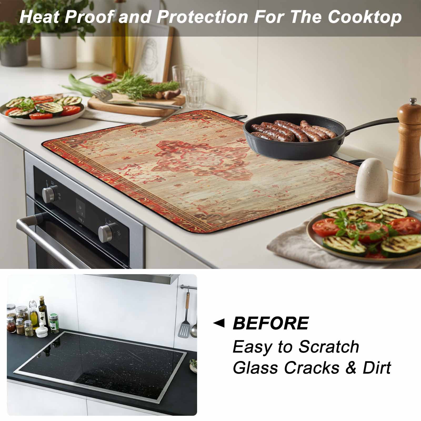 Red Beige Stove Top Cover for Electric Stove, Heat-proof & Non Slip Glass Top Stove Cover Protector, Vintage Boho Ethnic Geometric Abstract Art Kitchen Flat Cooktop Rubber Mat 24x21 Inches