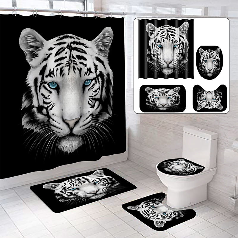 White Tiger Bathroom Shower Curtain Toilet Seat Cover & Rugs Set