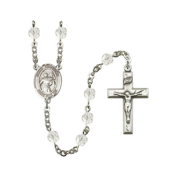 St. Theodore Stratelates Silver-Plated Rosary 6mm April Crystal Fire Polished Beads Crucifix Size 1 3/8 x 3/4 medal charm