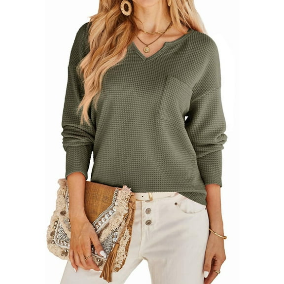 Womens Tops Waffle Knit Long Sleeve Notched V Neck Shirts Casual Trendy Solid Color Loose Blouses Army Green XL