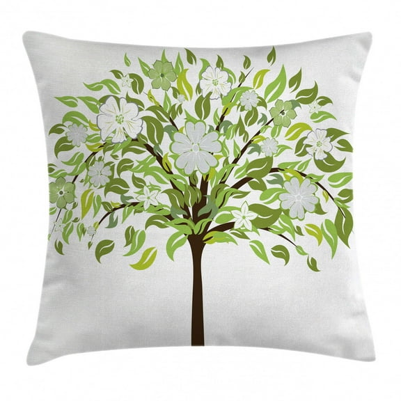 Nature Throw Pillow Cushion Cover, Summer Tree with Flourishing Flowers Spring Blossoms Seasonal Artistic Print, Decorative Square Accent Pillow Case, 16 X 16 Inches, Green Brown White, by Ambesonne