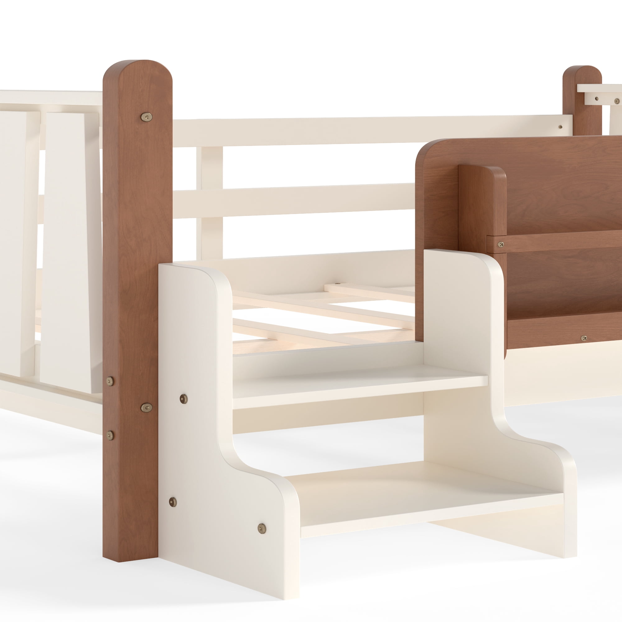 Miniyam Full Size Kids Floor Bed with Guardrails and Bookshelves, Pine Wood & MDF Frame, Easy Access Step Ladder, Beige