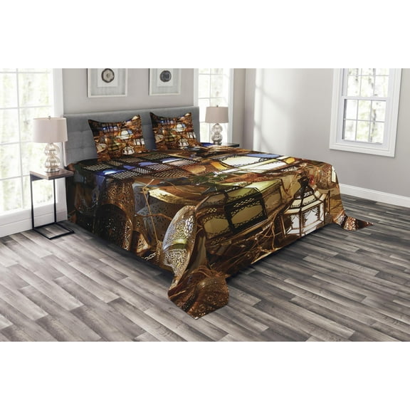 Ambesonne Moroccan Quilted Bedspread Set 3 Pcs, Ethnic Evening Themed View, Queen Size, Purple Brown and Green