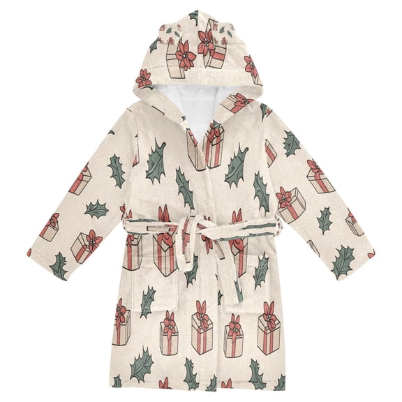 FORMRS Niños Bathrobe Unisex Hooded Robe Soft Plush Pajamas Sleepwear, Size 2-3T, Beige Christmas Gift Pattern