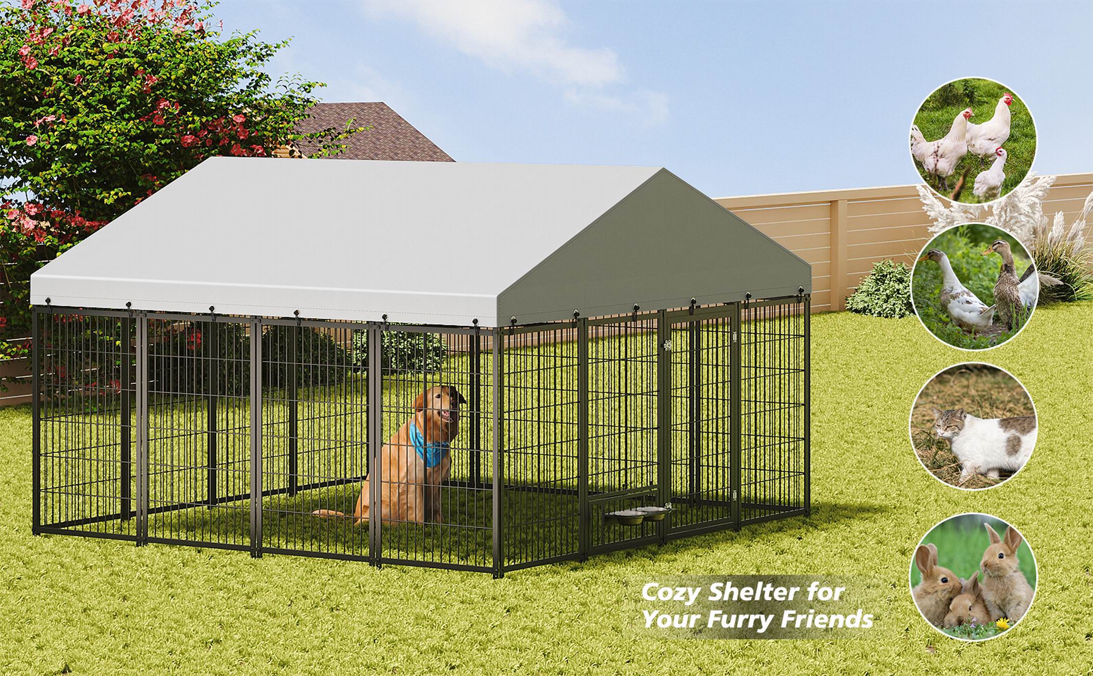 Large Dog Kennel For Outdoor Pet Pens Dogs Run Enclosure Animal Hutch Metal Coop Fence with Roof Cover