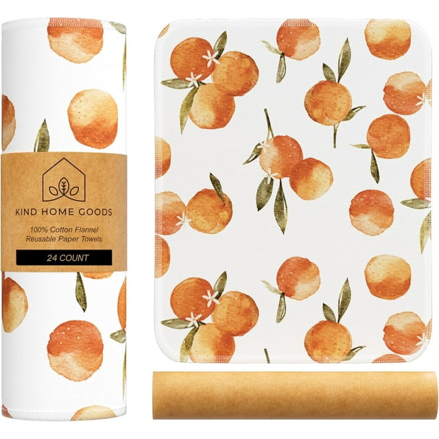 Serviettes en Papier Réutilisables (12"X10 Pouces)-Douces Absorbantes 100 % Papier Essuie-Tout Lavable-Rouleaux de Serviettes en Papier avec Rouleau en Carton-Serviettes Réutilisables Lavables-Vaisselle (Oranges - 24 Pcs, 12x10 Pouces)