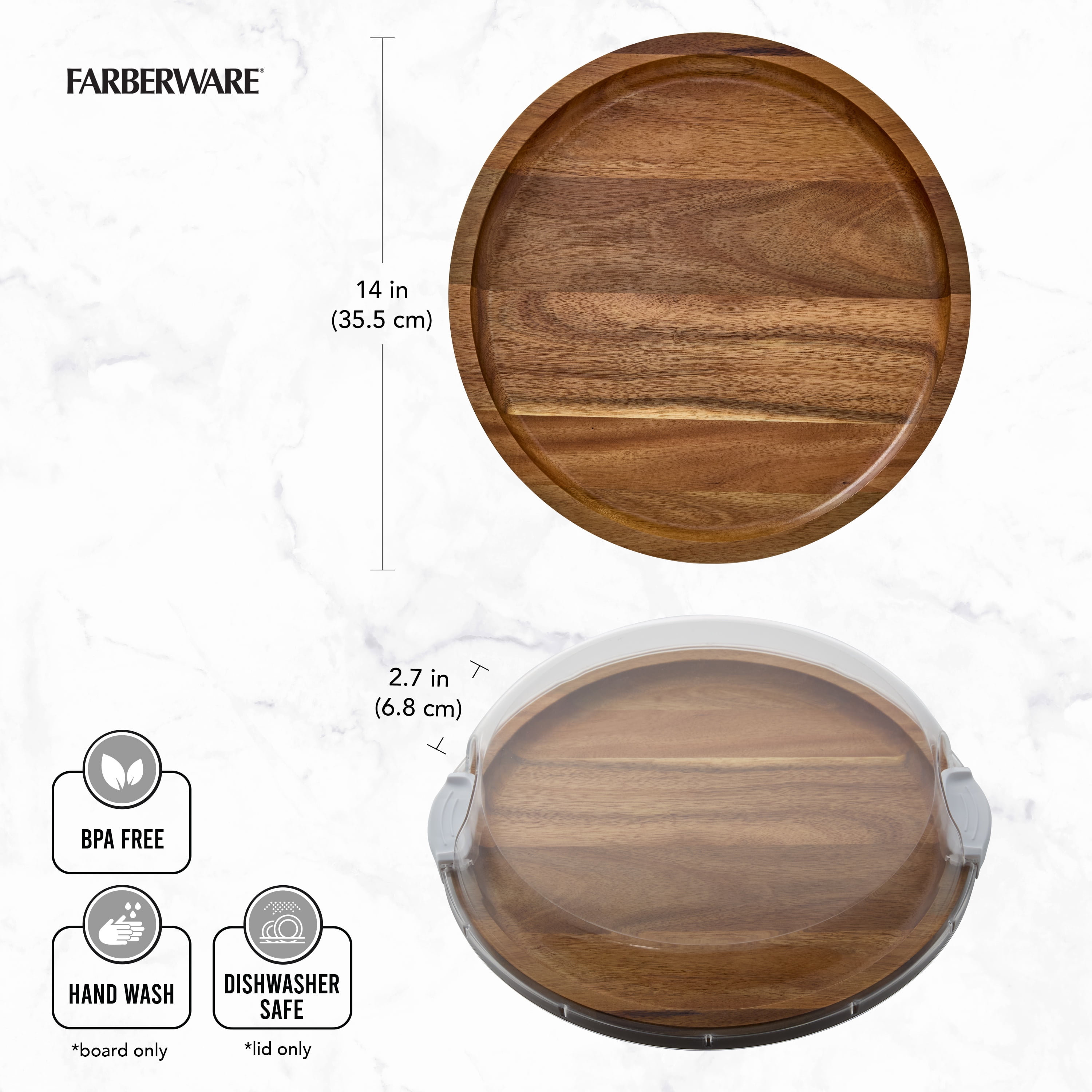 Farberware Build-A-Board 14-Inch Round Acacia Cutting Board with Single Compartment & Locking Lid