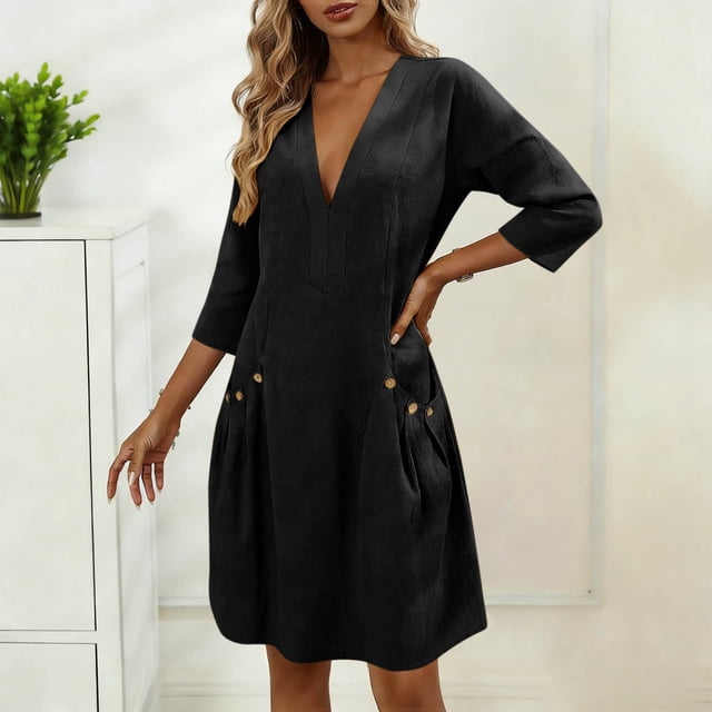 TaTaai Women's V-Neck Midi Dress Three-Quarter Sleeve Linen Feel Solid Color Casual Pocket Detail Loose Fit Summer Dress Gift