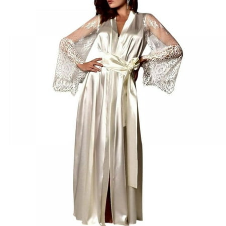 

Womens Satin Silk Kimono Lingerie Sleepwear Nightgown Dressing Elegant Lace Up Bathrobe White