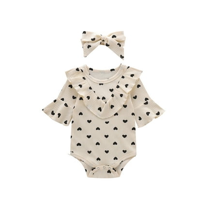 

Listenwind Infant Baby Girl One Piece Jumpsuit Romper Bodysuit with Headband 2pcs Valentine s Day Set Fall Winter Outfit Clothes