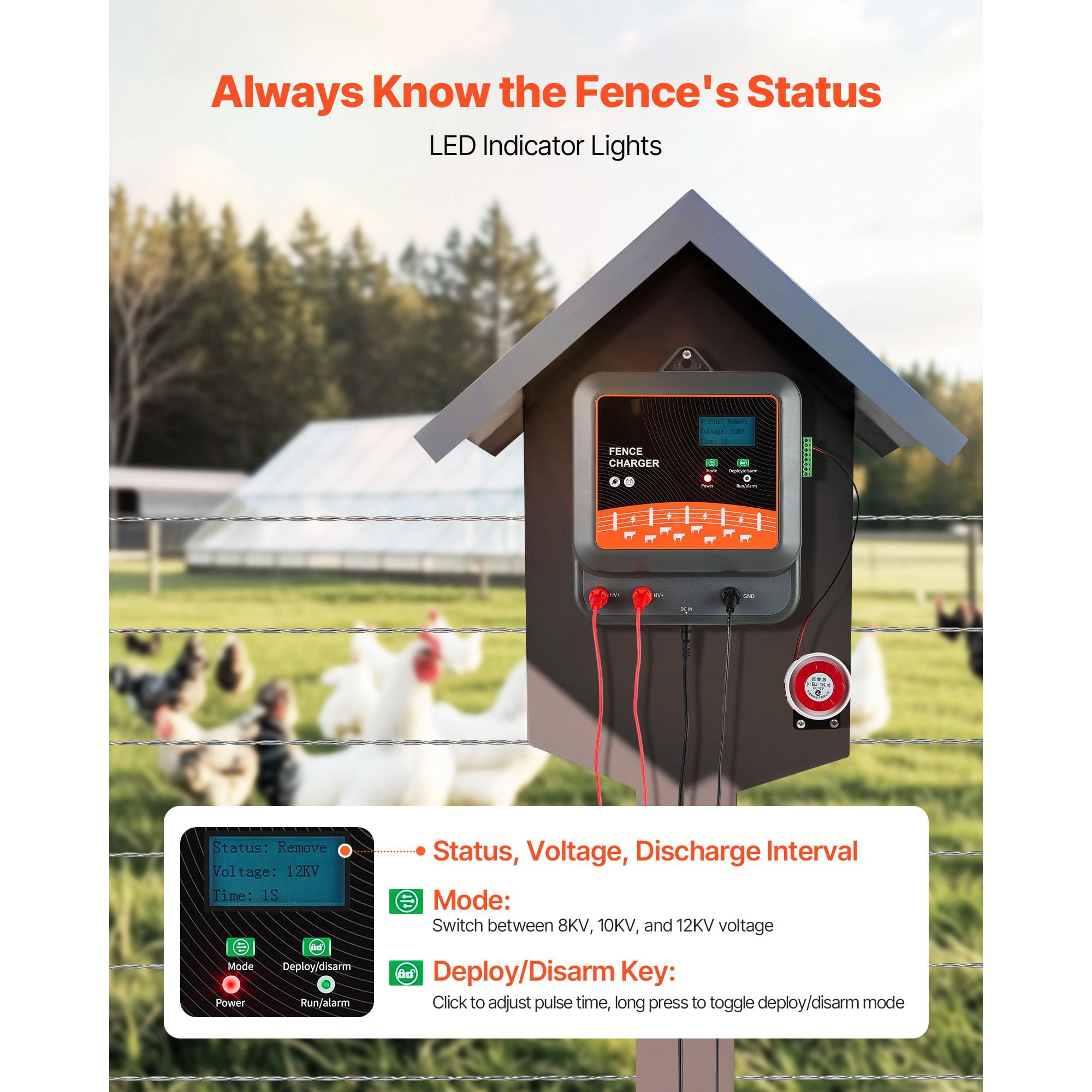 Electric Fence Charger 8/10/12kV 2/3/5J Adjustable Alarm System IP65 3-10km for Livestock Wildlife
