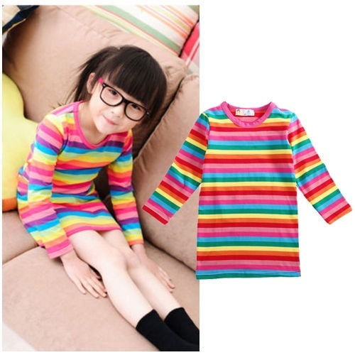 Girls Toddler Rainbow Striped Cotton Kids Long Sleeve Dress Spring Clothes  2-7Y 