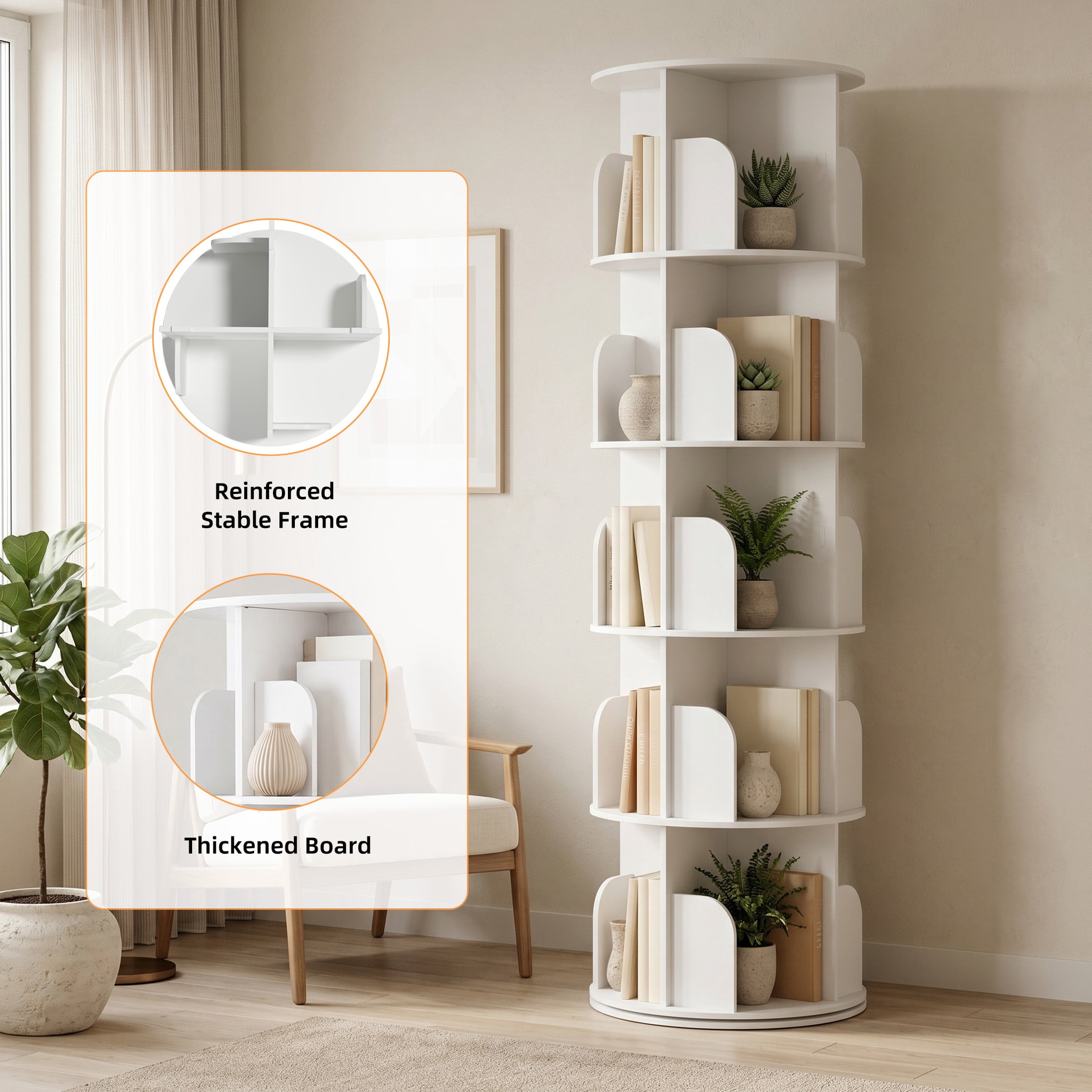 Gianna 5 Tier Rotating Bookshelf, 360 Display Floor Standing Bookcase Storage Rack, White