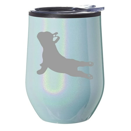 

Stemless Wine Tumbler Coffee Travel Mug Glass With Lid Gift French Bulldog Yoga (Blue Glitter)