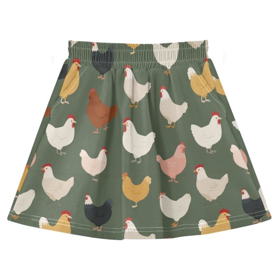 Girls Cotton A-Line Skirt with Built-in Shorts Soft Breathable High Waist Skirt Elastic Waist for Daily Wear Cute Colorful Chickens Pattern 3Y