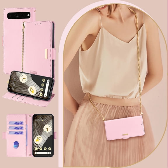 Allytechgroup Wallet Phone Case for Google Pixel 6, PU Leather Cards Slots RFID Blocking Flip Cover Metal Strap Hand Wrist Shockproof Stylish Case for Women Girls, Pink