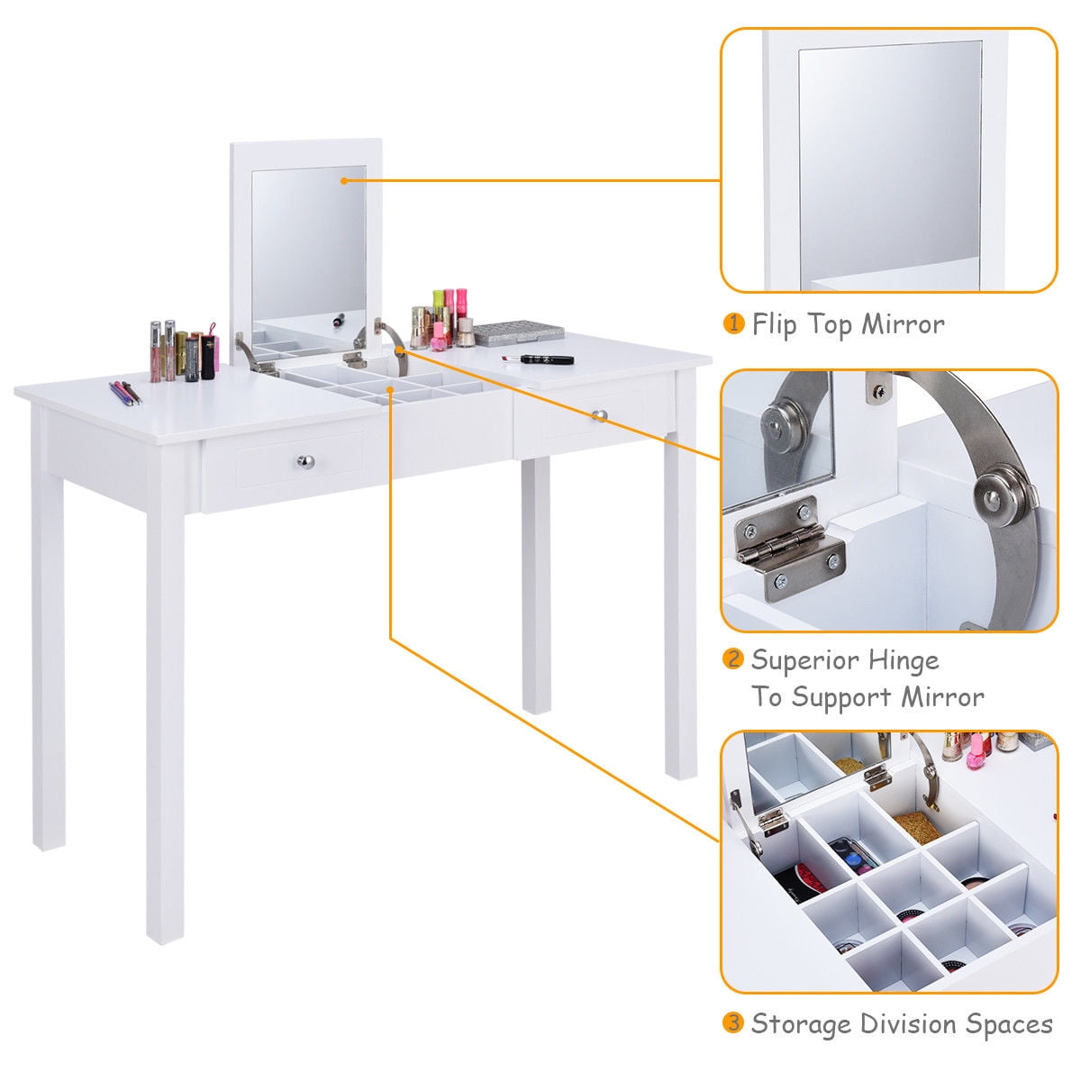 Costway Vanity Table Dressing Flip Top Desk Mirror 2 Drawers Costway Vanity Table Dressing Flip Top Desk Mirror 2 Drawers Furniture White Com